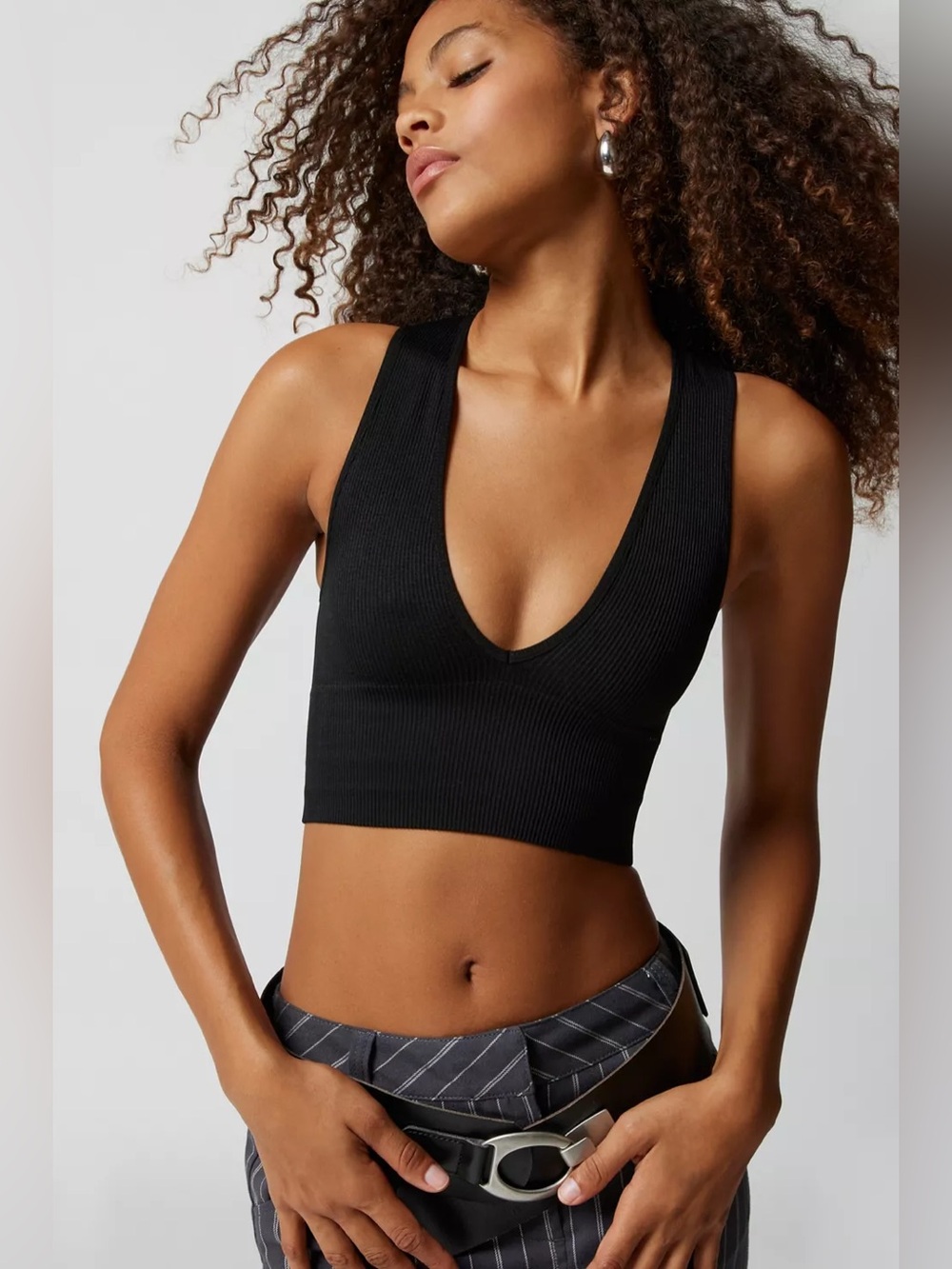 Urban Outfitters Black Ribbed V-Neck Crop Bralette